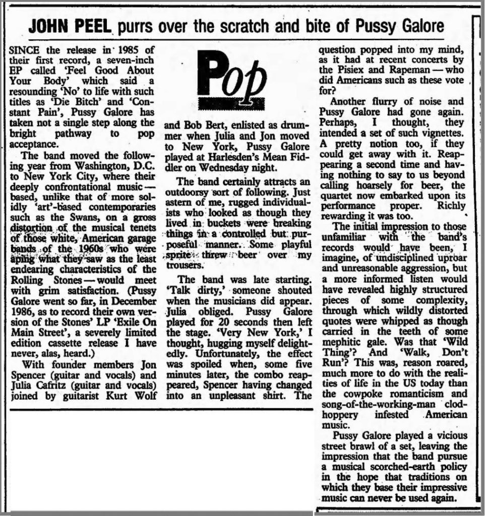 Pussy Galore – Observer: John Peel Purrs Over The Scratch and Bite of Pussy Galore (PRESS, UK)