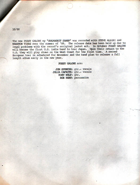 Pussy Galore - Sugarshit Sharp (PRESS RELEASE, US)