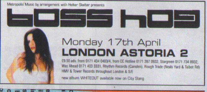 Boss Hog – LA2, London, UK (17 April 2000) - Advert