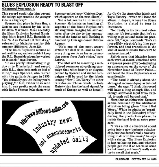 Billboard: Blues Explosion Ready To Blast Off: Matador Act's Set To Benefit... (PRESS, US)