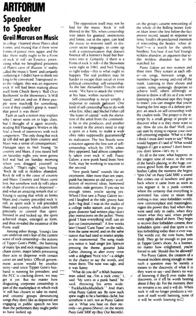 Pussy Galore - Art Forum: Speaker to Speaker (ARTICLE, US)