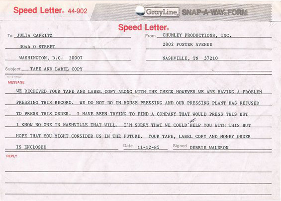 Pussy Galore - Pressing Plant Letter (12 November 1985)