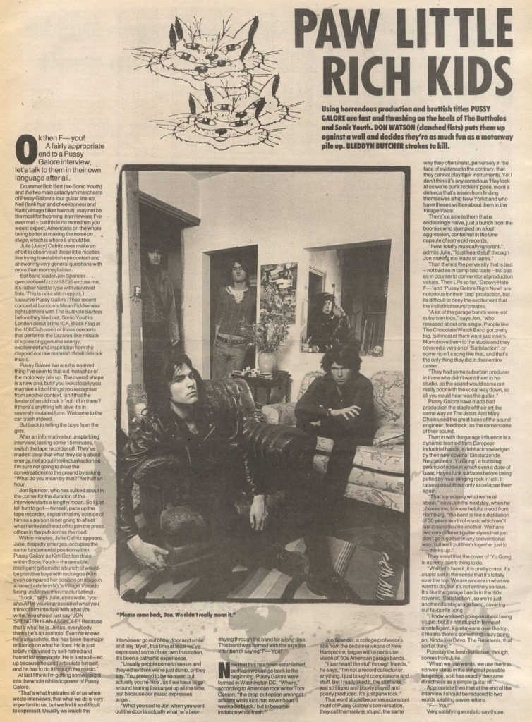 Pussy Galore - NME: Paw Little Rich Kids (PRESS, UK)