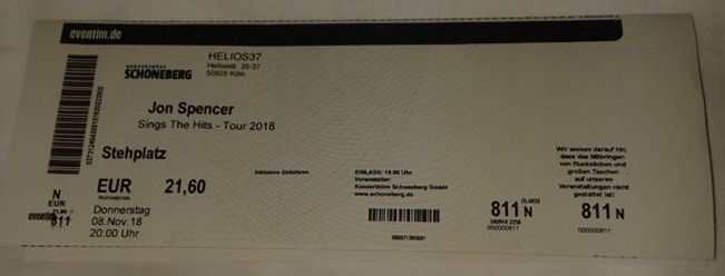 Jon Spencer - Helios37, Köln, Germany (8 November 2018) - Ticket