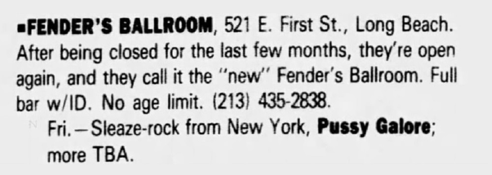 Pussy Galore – Fenders Ballroom, Long Beach, CA, US (14 July 1989)