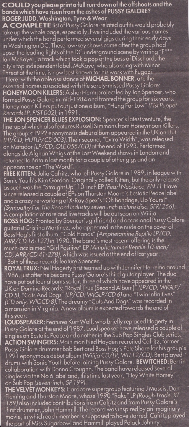Pussy Galore / Boss Hog / Honeymoon Killers - Melody Maker: Fur Trading (PRESS, UK)