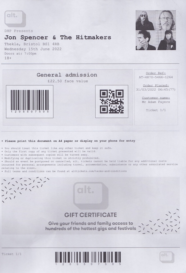 Jon Spencer & The HITmakers – Thekla, Bristol, UK (15 June 2022) - Ticket